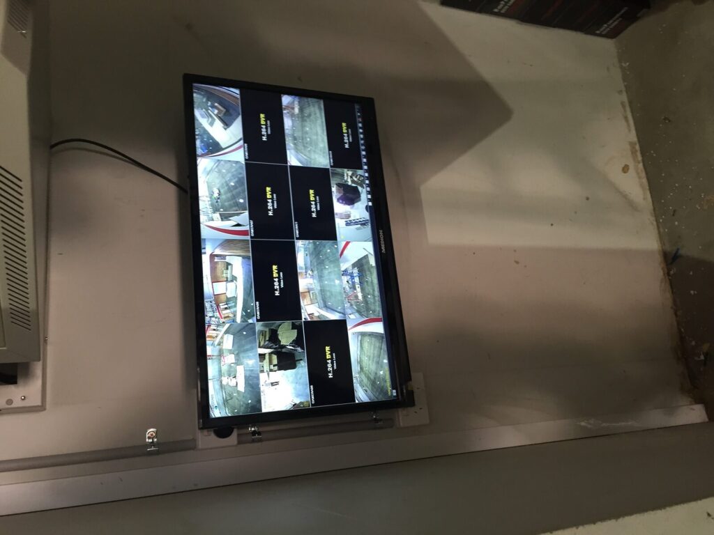 CCTV monitor showing multiple camera feeds
